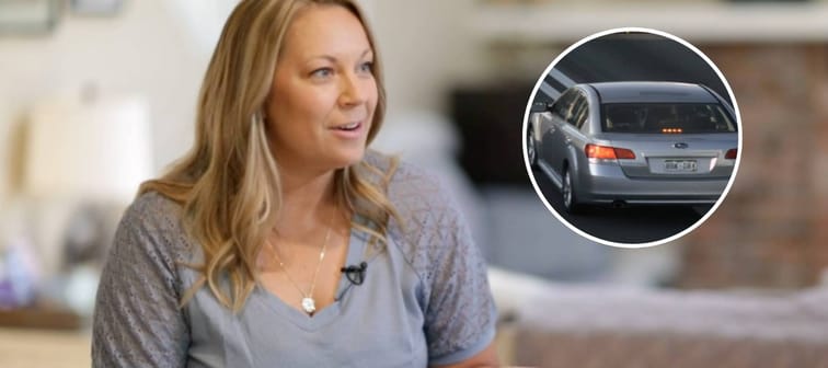 Woman speaking, car changing lanes (inset).