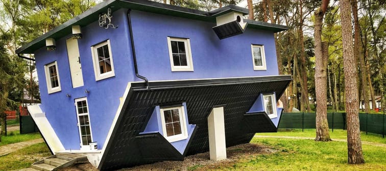 Pobierowo, Poland - May 11, 2017: Upside down house in Pobierowo village over Baltic Sea in Poland