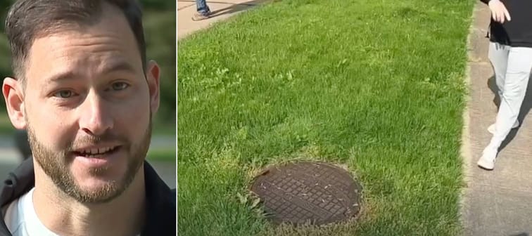 Man talks to reporters about the stench in his neighborhood.