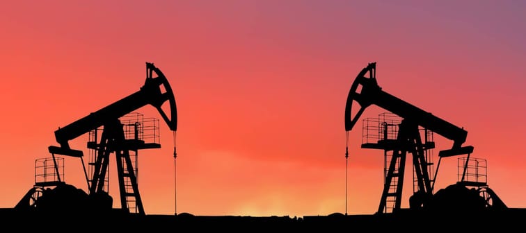 Oil pumpjacks in an oil field.