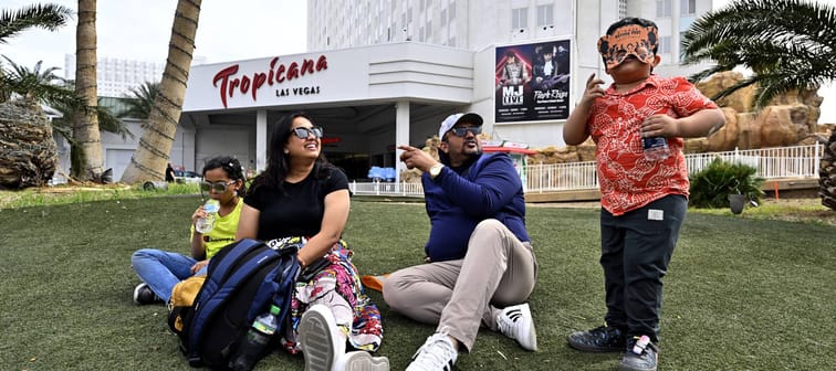 A family of tourists from Australia have a picnic at the Tropicana Las Vegas in Paradise, Nevada, March 29, 2024.
