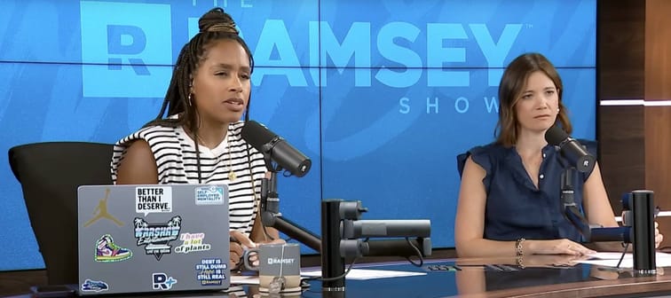 The Ramsey Show cohosts Jade Warshaw (left) and Rachel Cruze speak with Melissa from West Virginia.