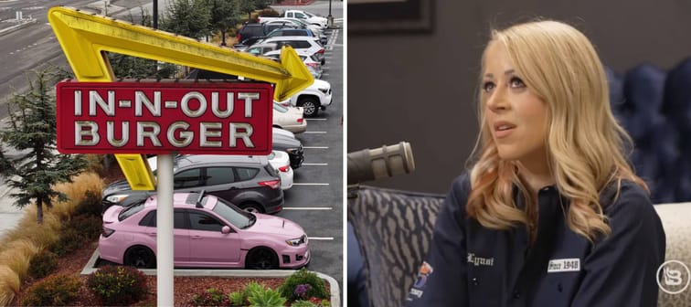 In-N-Out sign, Lynsi Snyder speaking on camera.
