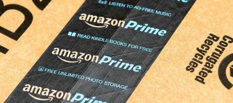PARIS, FRANCE - JAN 28, 2016: Amazon Prime logotype printed on cardboard box