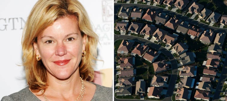 A composite shot pf Meredith Whitney taken May 2, 2012 in New York City and an overhead shot of a suburb.