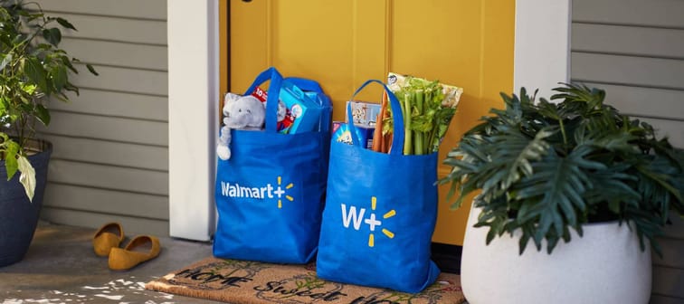 Two Walmart+ reusable shopping bags outside the front door of an attractive home
