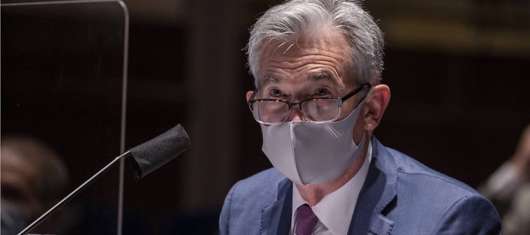 A masked Federal Reserve Chair Jerome H. Powell testifies on Capitol Hill in Washington on June 30, 2020