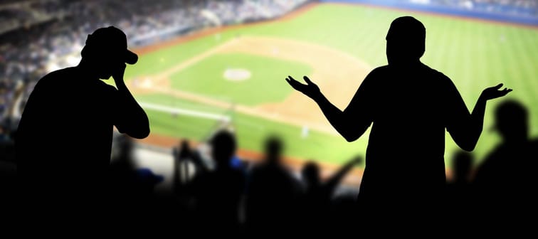 Sad baseball fans in stadium. Disappointed, angry and upset crowd in ballpark. Favourite team lost game. Devastated audience in live sport event. Angry silhouette people watching ballgame.
