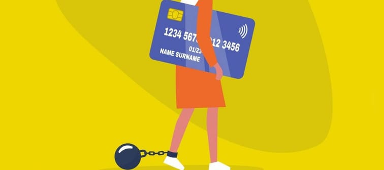 Illustration of a woman with long blonde hair carrying a giant credit card and dragging a ball and chain