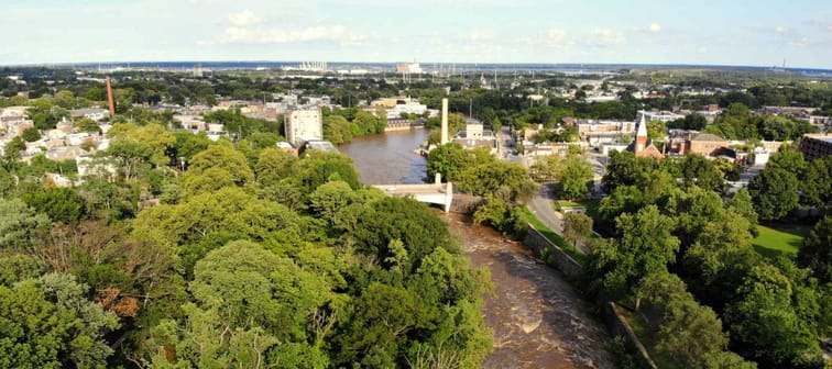 The aerial view of the flooded water after the storm in Brandywine River, Wilmington, Delaware, U.S.A