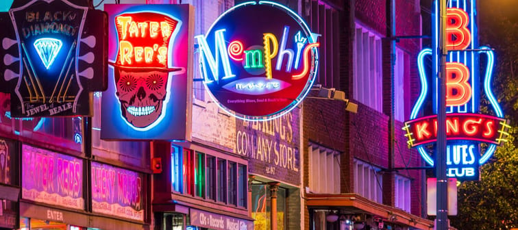 MEMPHIS, USA - NOV 12: Neon signs of famous blues clubs on Beale street on November 12, 2016  Beale street is a place for blues festivals and concerts
