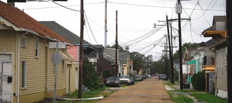 NEW ORLEANS - SEPT 1: An empty street with power lines at corner of Harmony and Chippewa is shown during Hurricane Gustav on September 1, 2008 in southern New Orleans.