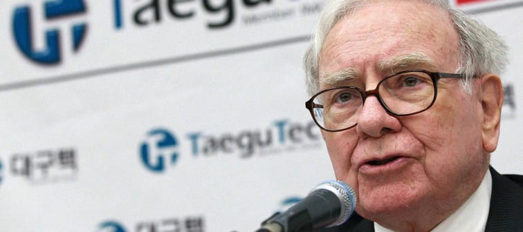 Warren Buffett speaks at a press conference in South Korea