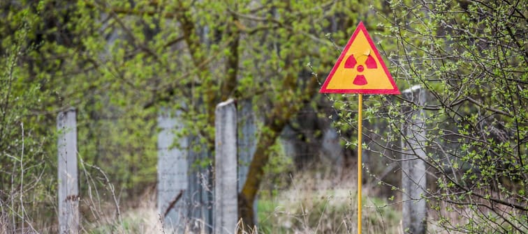 Ionizing Radiation sign near Chernobyl nuclear power plant zone of alienation, Ukraine