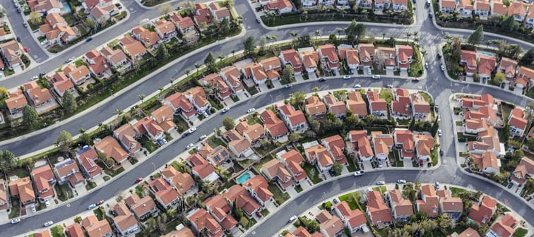 Aerial view of tightly packed homes in the Porter Ranch neighborhood of Los Angeles, California.