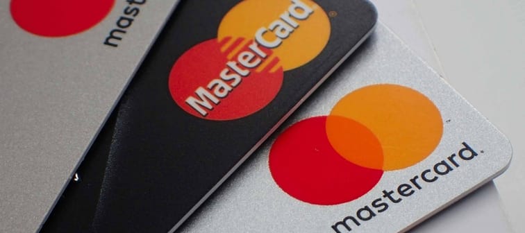 London, UK - 8 October 2018: Close up of a pile of mastercard credit load debit bank cards.