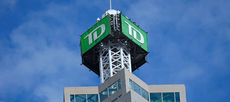 The logo of TD Bank of top of its headquarters building in Toronto