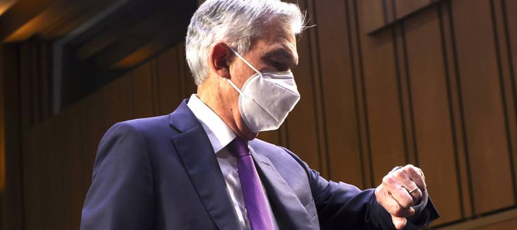 Federal Reserve Chairman Jerome Powell arrives for a Senate Banking Committee meeting in Washington, Sept. 28, 2021.
