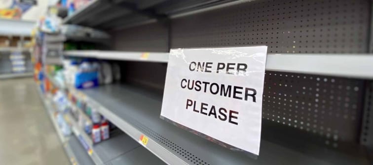 A view of empty shelves at a department store during the Coronavirus pandemic of 2020.
