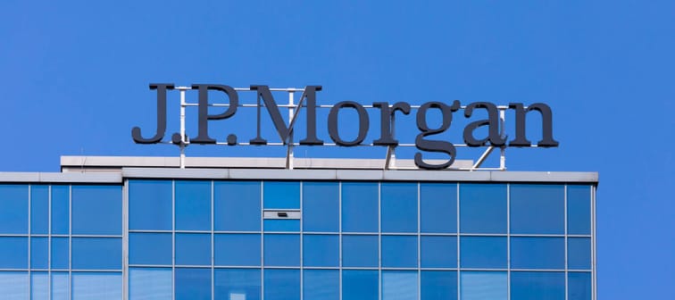 The J.P. Morgan logo on top of an office building in Warsaw, Poland.