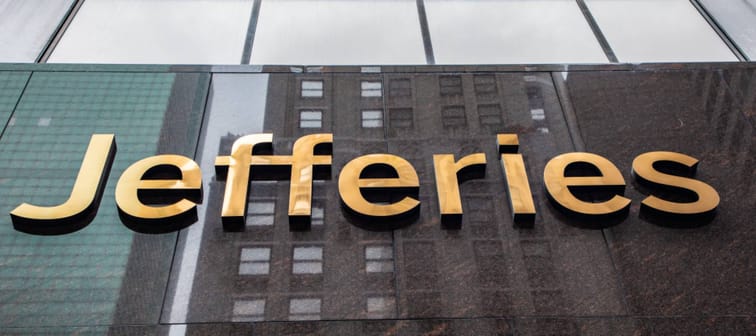 Sign for Jefferies LLC, a global investment bank and institutional securities firm, at its global headquarters in midtown Manhattan