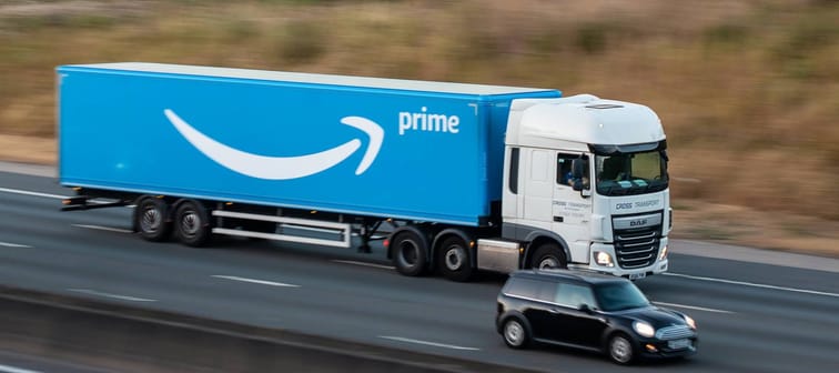 An Amazon semi-truck on the highway