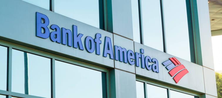 The logo of Bank of America in modern office building in Beverly Hills.