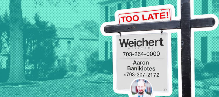 A real estate sign in front of house in Fairfax County, Virginia, that reads "too late."