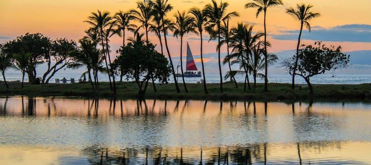 A sail boat sailing by palm trees by the Mauna Lani Resort on the Big Island of Hawaii.