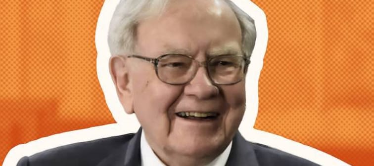Warren Buffett wearing a suit and smiling, outlined in white on an orange background