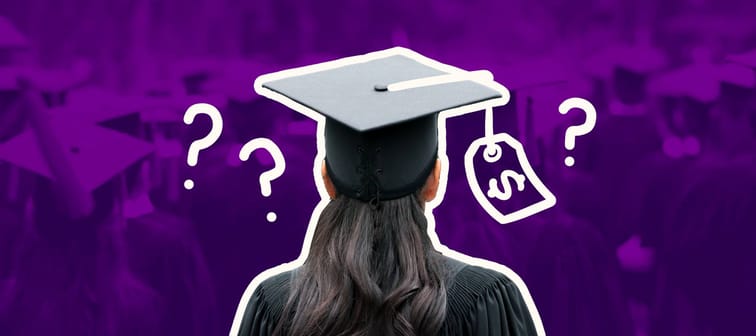 Woman in graduation cap with a price tag hanging down and questions marks hovering over her head.