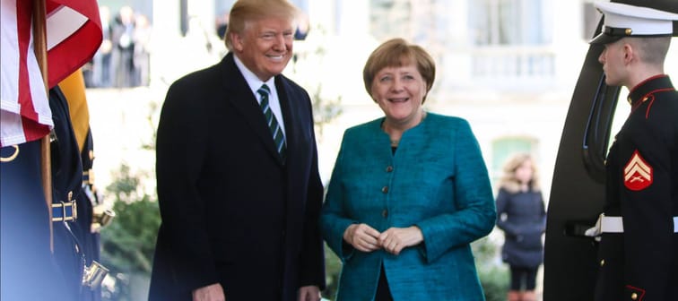 Washington, DC – March 17, 2017: US President Donald J. Trump greets German Chancellor Angela Merkel as she arrives at the White House for their first in-person meeting.
