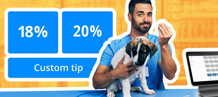 Veterinarian holding puppy  with a POS system showing a tipping option. Yellow background