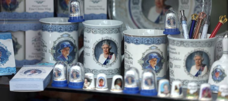 Memorabilia of Queen Elizabeth pictured in a store window in London.
