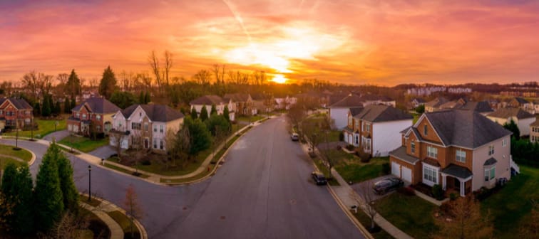 Aerial sunset panorama view of luxury upscale residential neighborhood in Maryland USA