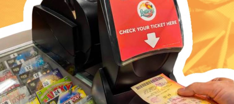 Man using Florida lotto machine kiosk to check Powerball Lottery ticket for winning jackpot numbers.