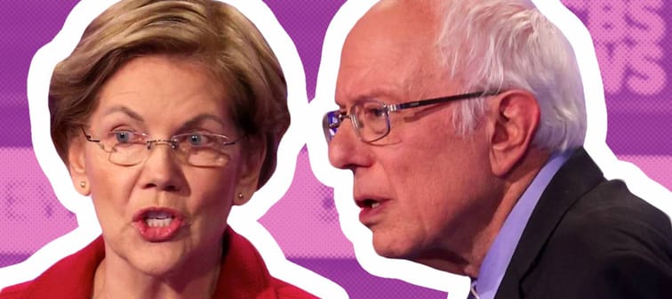 Sen. Elizabeth Warren and Sen. Bernie Sanders interact in a break during the Democratic presidential primary debate