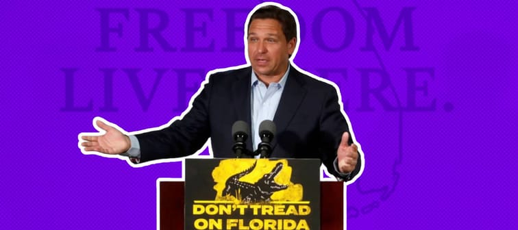 Republican incumbent Florida Gov. Ron DeSantis gives a campaign speech at the SCC Community Hall on November 6, 2022 in Sun City Center, Florida.