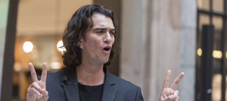 Adam Neumann, co-founder and chief executive officer of WeWork, speaks during a signing ceremony at WeWork Weihai Road flagship on April 12, 2018 in Shanghai, China.