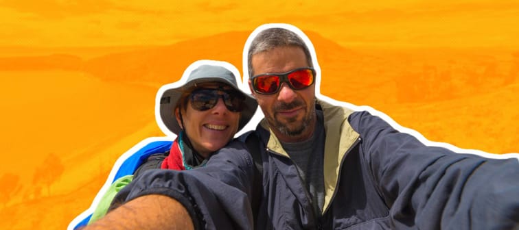 Middle age couple pose for a selfie on vacation.