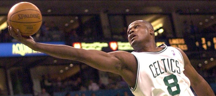 Antoine Walker of the Boston Celtics collects a rebound in an NBA game against the Los Angeles Lakers Nov 7, 2002, at the Fleet Center in Boston.