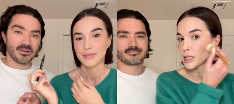 Two images of Brittany and Anthony Xavier looking at the camera, Brittany applying makeup.