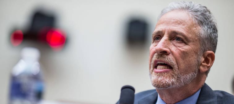 Former Daily Show Host Jon Stewart testifies during a House Judiciary Committee hearing looking emotional.