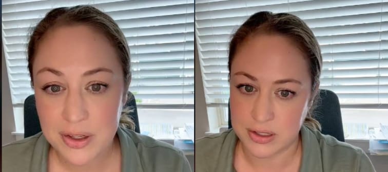 Woman wearing green speaks directly to camera.