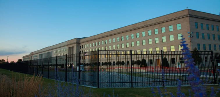 The Pentagon building, headquarters for the United States Department of Defense, seen at sunset.