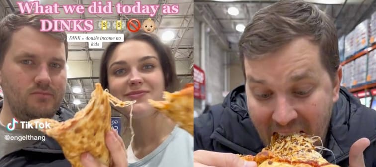 Two side-by-side stills from a TikTok video of a couple eating pizza at Costco.
