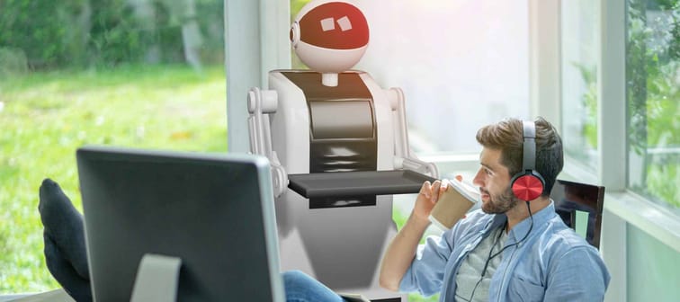 Business Intelligence Services in the Future, Businesses Group Receives Robotic Services to Deliver Intelligent Order in the Intelligent Office.Living with Bots concept