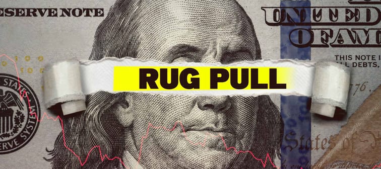 Torn bills revealing Rug Pull words.