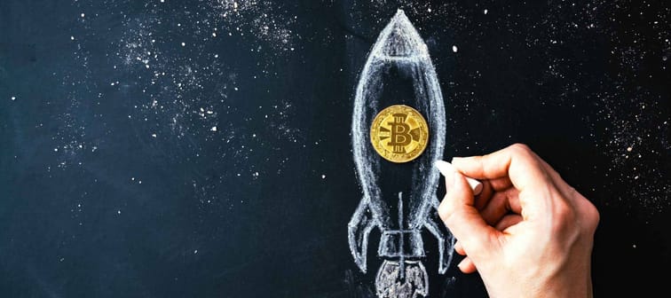 Bitcoin logo rocket launcher, cryptocurrency concept. The growth rate of the gold coin for designers and breaking news. Bitcoin to the moon classic rocket Illustration.