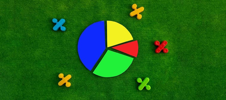 Multi-colored circle divided into parts, percentage sign on a green background. The concept of division, shared ownership.